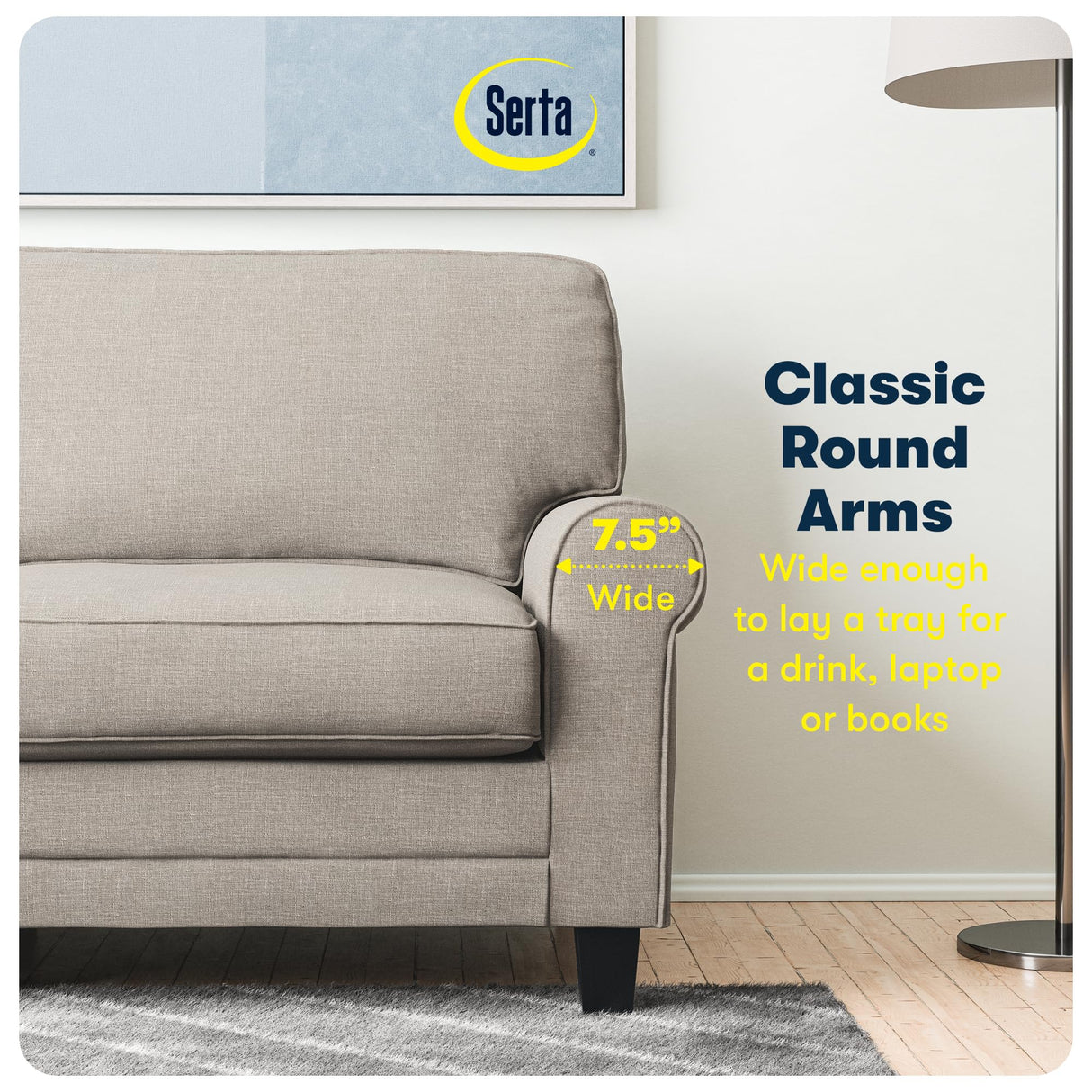 Serta Copenhagen 61" Rolled Arm Sofa, Easy Care Polyester, Soft Pillow Back, Pocket Coil Seat Cushions, Removable Covers, Loveseat or Couch for Small Spaces, Living Rooms or Bedrooms, Light Gray