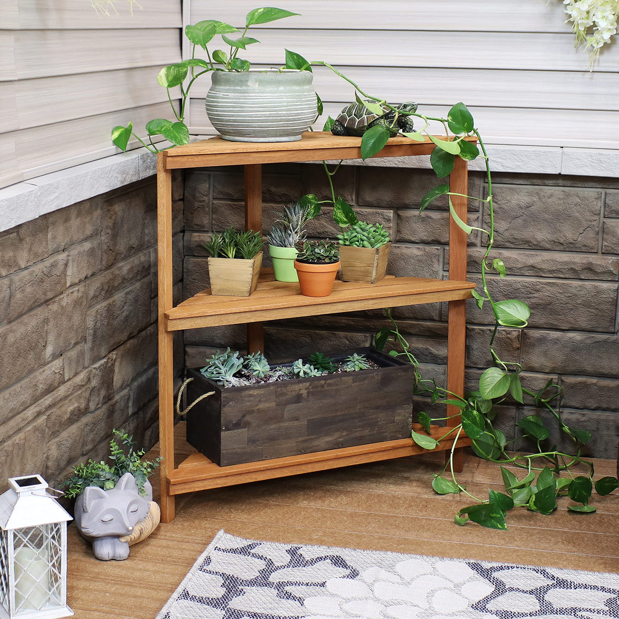 Meranti Wood 3-Tier Corner Plant Stand Shelves with Teak Oil Finish