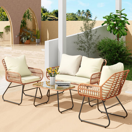 4-Piece Rattan Patio Furniture Set, All-Weather Bistro Conversation Loveseat