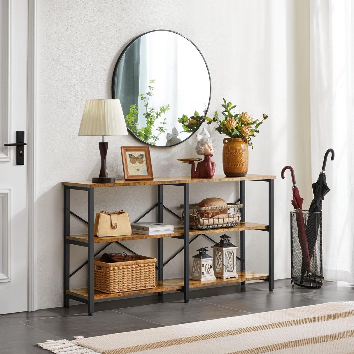 55 Inch Console Table, Industrial Entryway Table with 3-Tier Storage Shelves