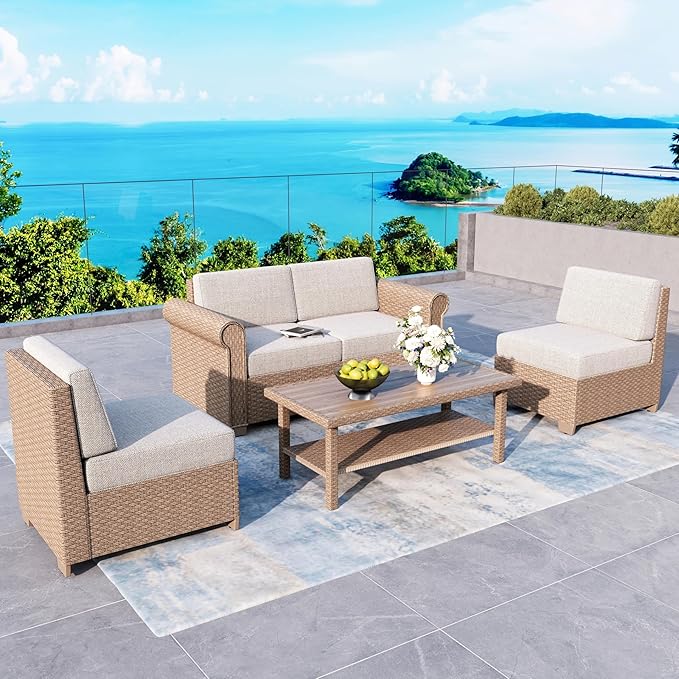 Patio Rattan loveseat, 2-Seat Wicker Rattan Sofa with 5.5" Thick Waterproof Cushions
