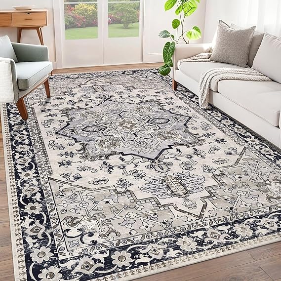 Washable Area Rug 6x9 - Non-Slip Boho Vintage Distressed Low Pile Carpet