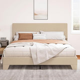 Queen Size Platform Bed Frame with Clean Line Fabric & Adjustable Headboard, Wood