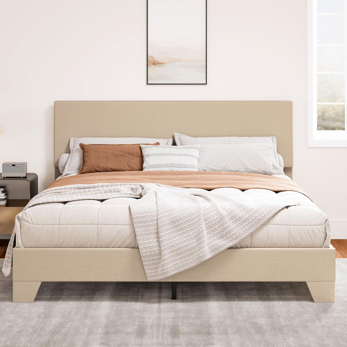 Upholstered Queen Size Bed Frame with Adjustable Headboard