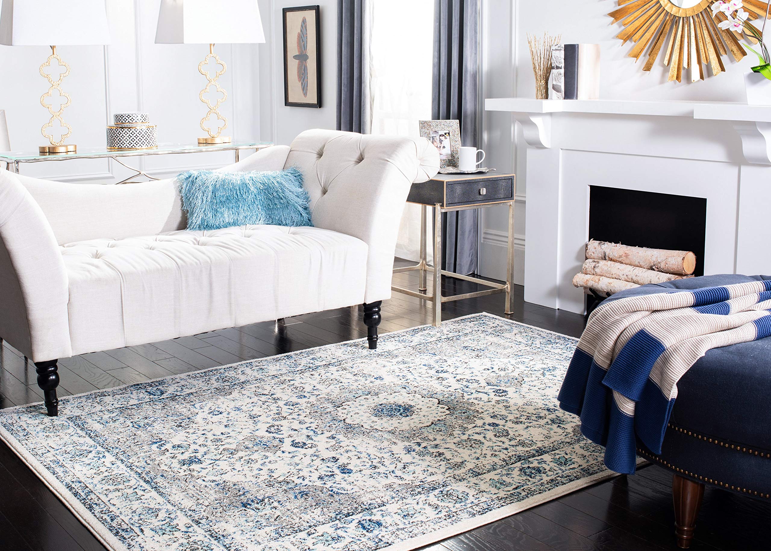 Evoke Collection Area Rug - 6'7" x 9', Ivory & Grey, Shabby Chic Oriental Medallion Design