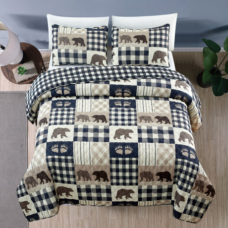 2 Piece Reversible Quilt Set with Sham | Twin Cabin Comforter Set | Rustic Bear