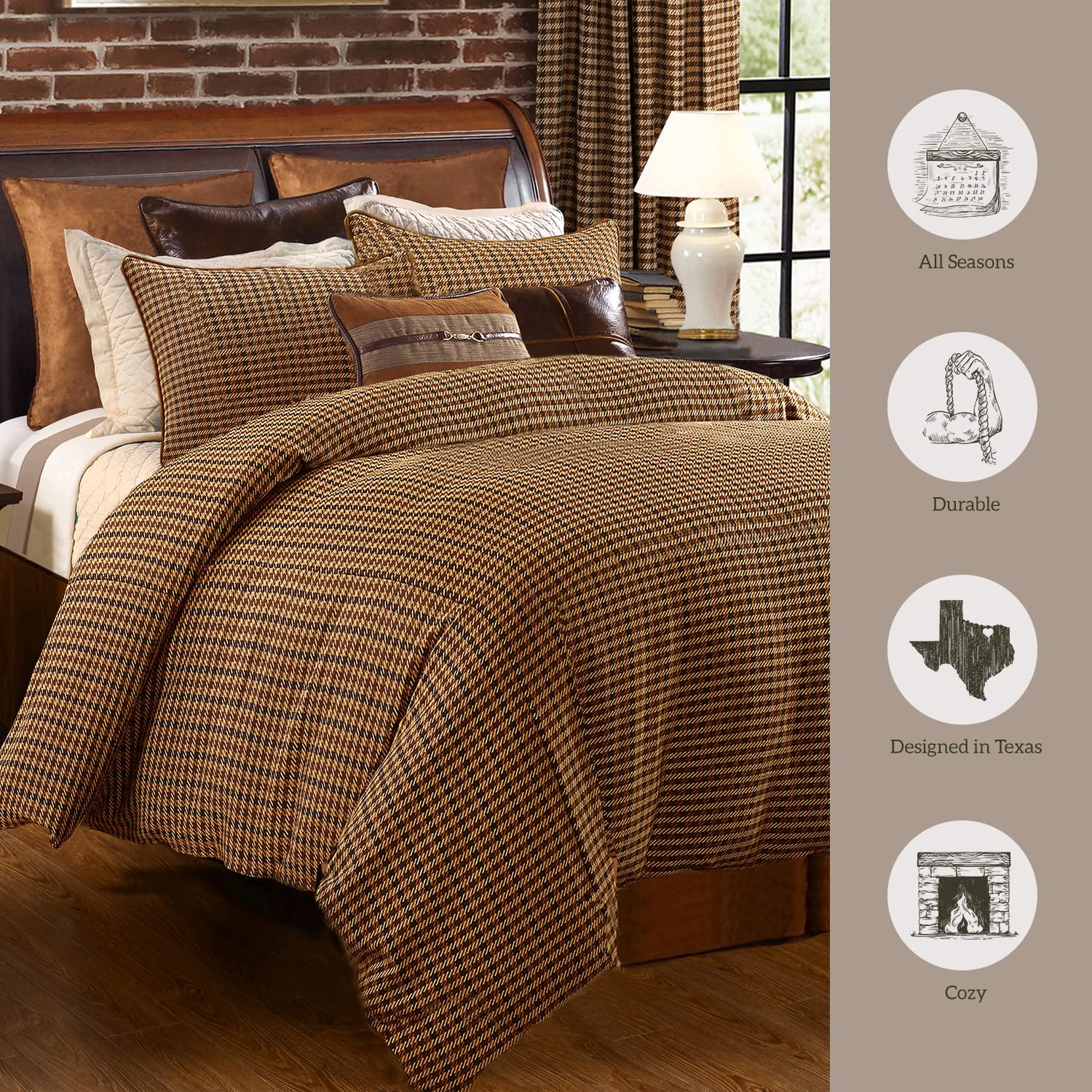 Clifton Rustic King Comforter Set - Brown Houndstooth 3-Piece Bedding
