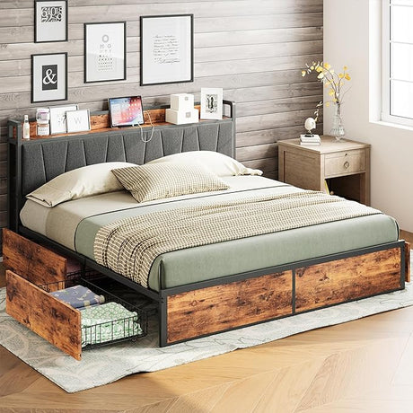 Queen Bed Frame with 4 Storage Drawers, Platform Bed with Charged Headboard, Sturdy