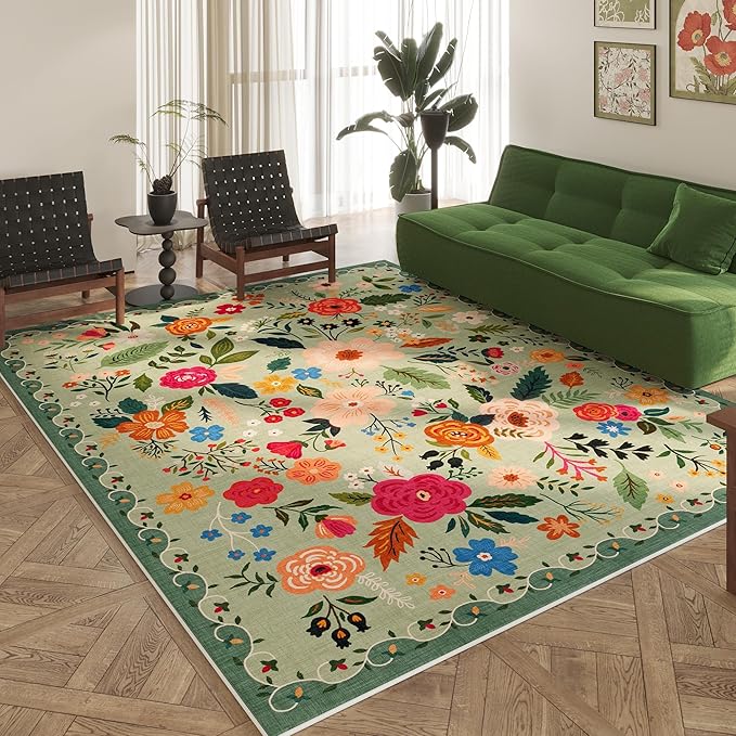 Christmas Rug 8x10 Area Rugs for Living Room Washable Rug Floral Non-Slip Large Rug