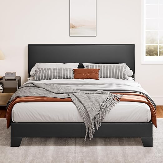 Queen Size Platform Bed Frame with Clean Line Fabric & Adjustable Headboard, Wood