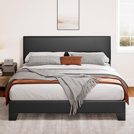 Queen Size Platform Bed Frame with Clean Line Fabric & Adjustable Headboard, Wood