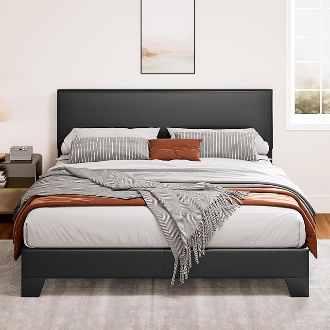 Upholstered Queen Size Bed Frame with Adjustable Headboard