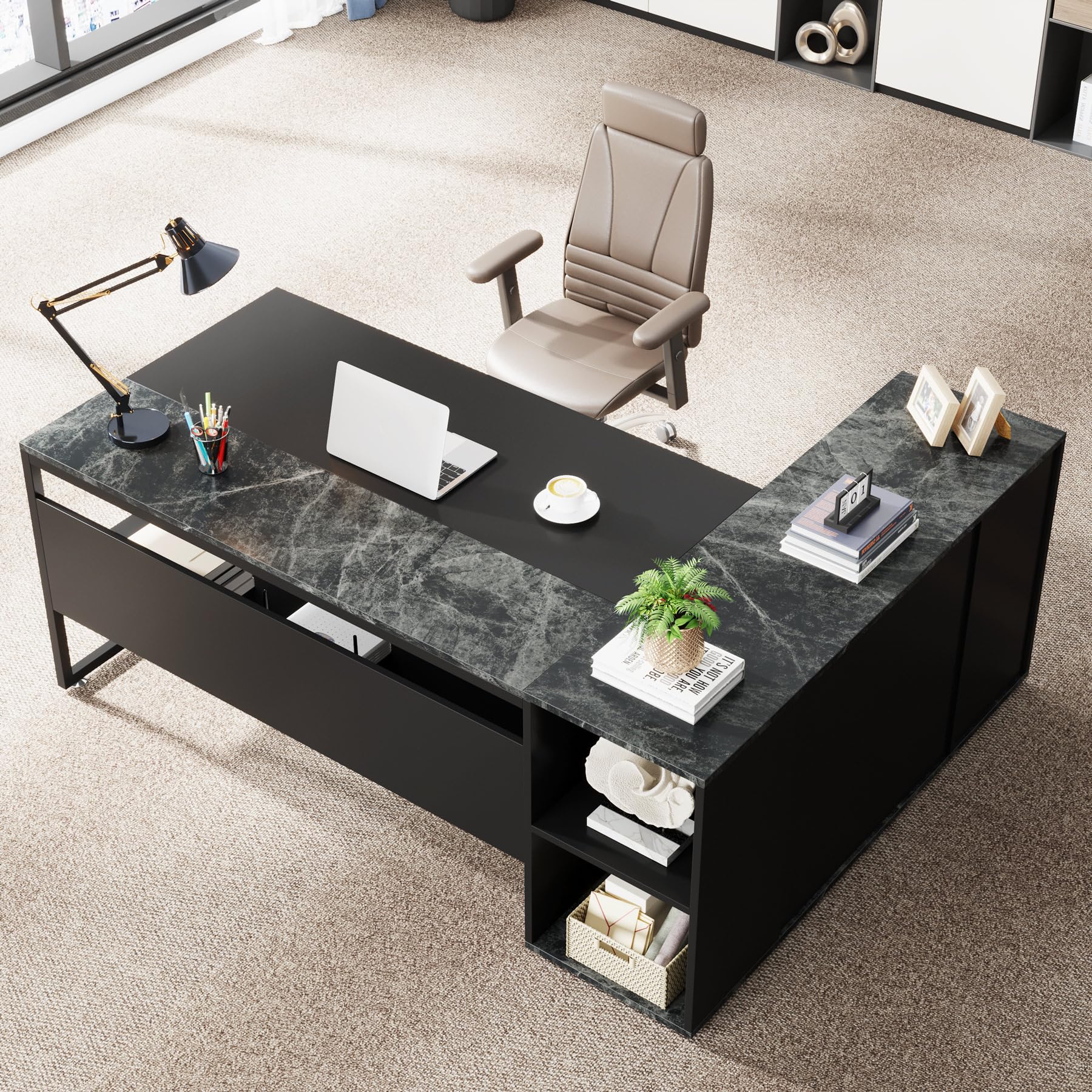 Office Desk with Drawers, 55 Inch L-Shaped Computer Desk with Storage Shelves
