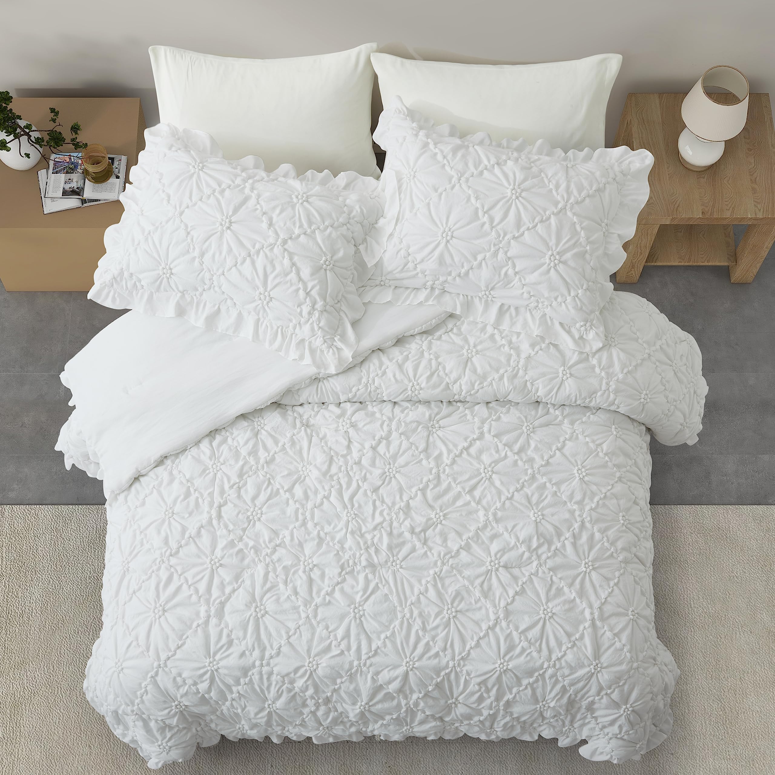 King Size Comforter Sets, White Bedding Comforter Set, 3 Pieces Pinch Pleat Bedding Sets