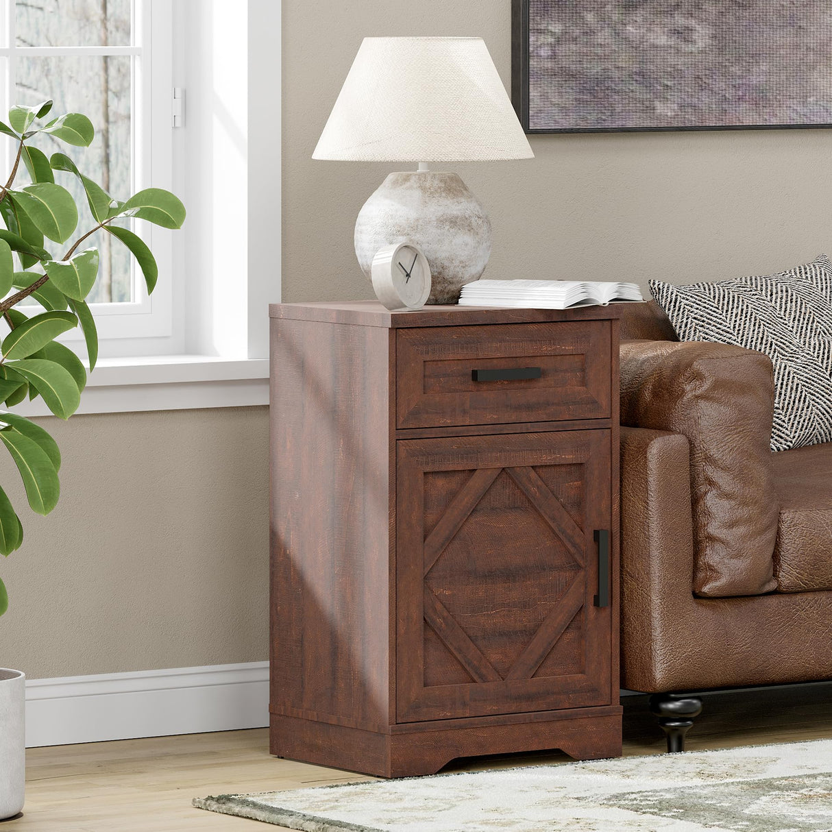 End Table with 1 Drawer & Barn Door, Farmhouse Large Sofa Side Table