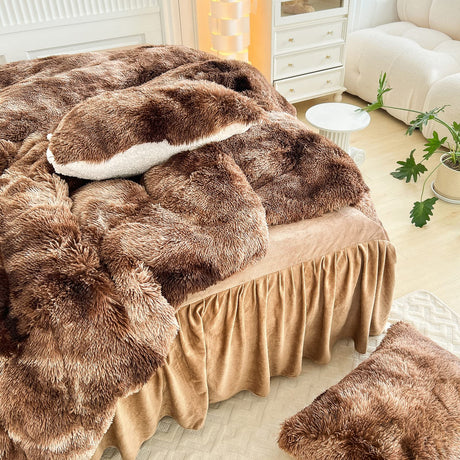 Fur Shaggy Fluffy Comforter Set Twin Size Mixed Coffee Brwon and White Long Hair, 3