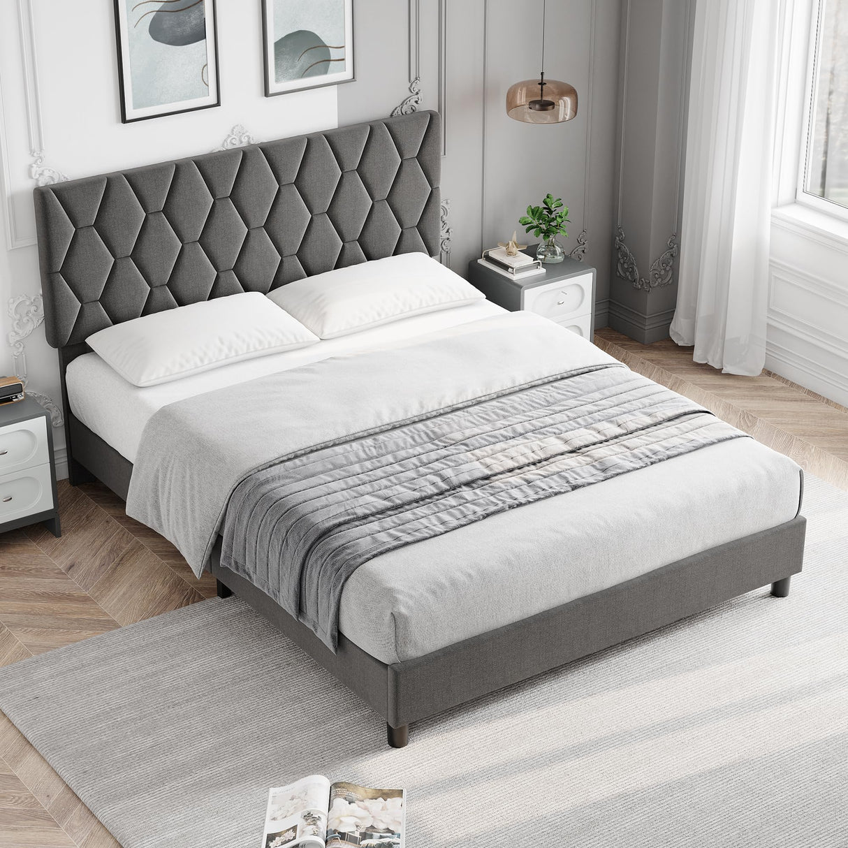 Queen Bed Frame with Adjustable Headboard Upholstered Bed Frame Platform