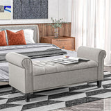 50" Storage Ottoman Bench, Upholstered End of Bed Bench with Rolled Arms, Wood Legs, Button Tufted Storage Bench with Safety Hinges for Living Room, Entryway, Bedroom, Gray