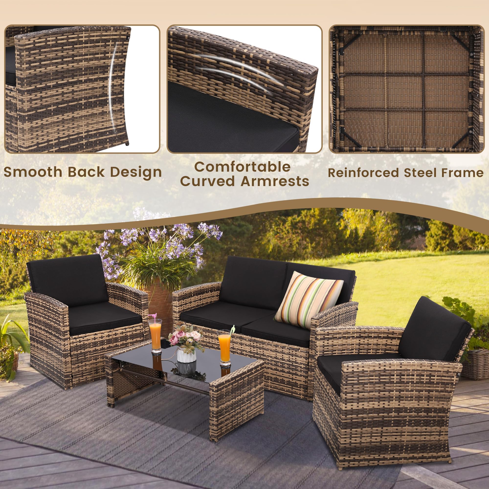 4 Pieces Patio Conversation Set, Outside Rattan Sectional Sofa, Cushioned Furniture Set