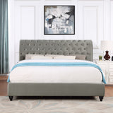 Cerderia Velvet Upholstered Button Tufted Nailhead Trim Sleigh Bed, King, Gray