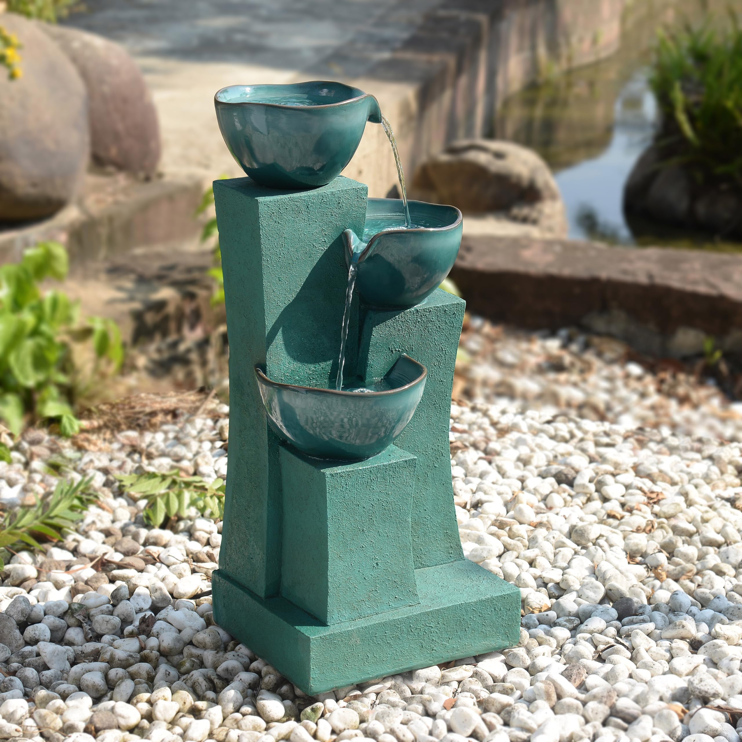 28.54 in. 3-Tier Cascading Outdoor Water Fountain with LED Lights for Gardens