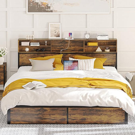 Queen Bed Frame with Tall Bookcase Headboard and Charging Station, Sturdy and No