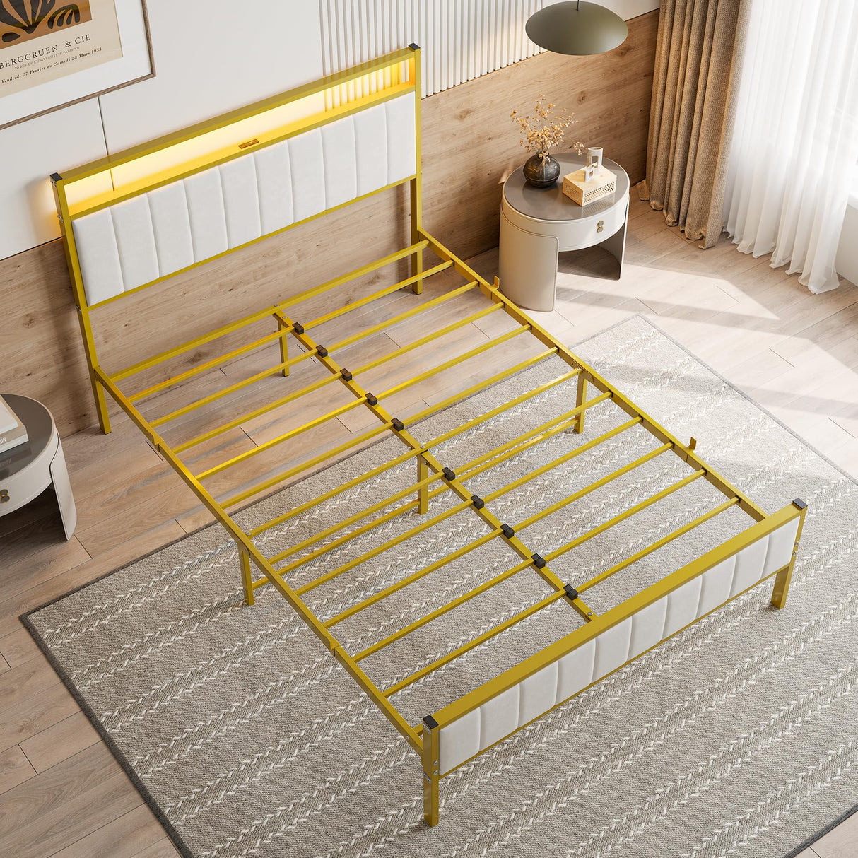 Full Size Bed Frame with Headboard & LED Lights,Upholstered Platform Bed Frame Full Size with Charging Station