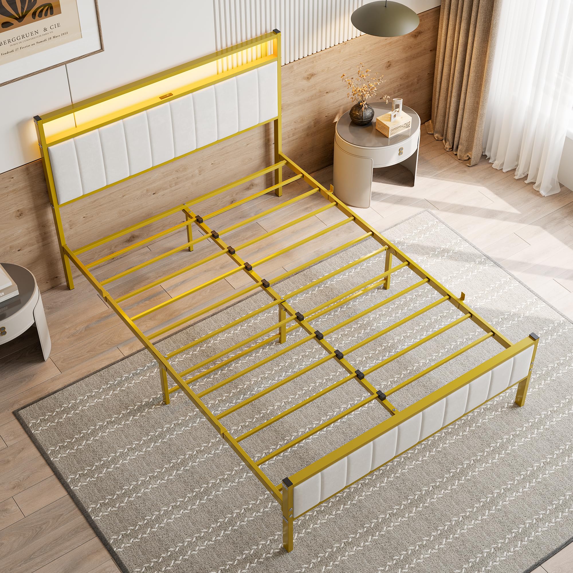 Full Size Bed Frame with Headboard & LED Lights,Upholstered Platform Bed Frame Full Size with Charging Station
