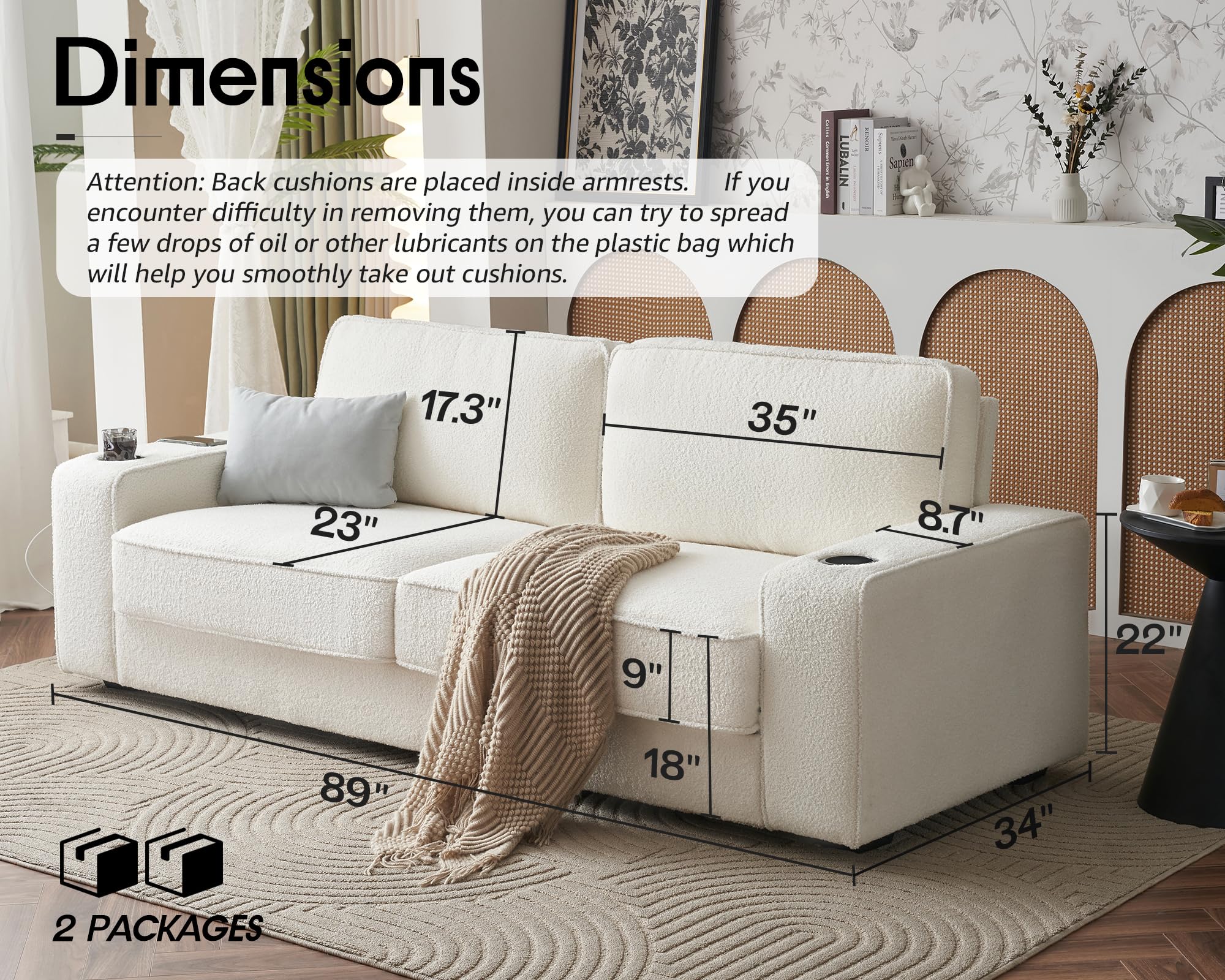 Modern Sofa, 89in Comfy Couch with Cup Holders & USB Charging Ports