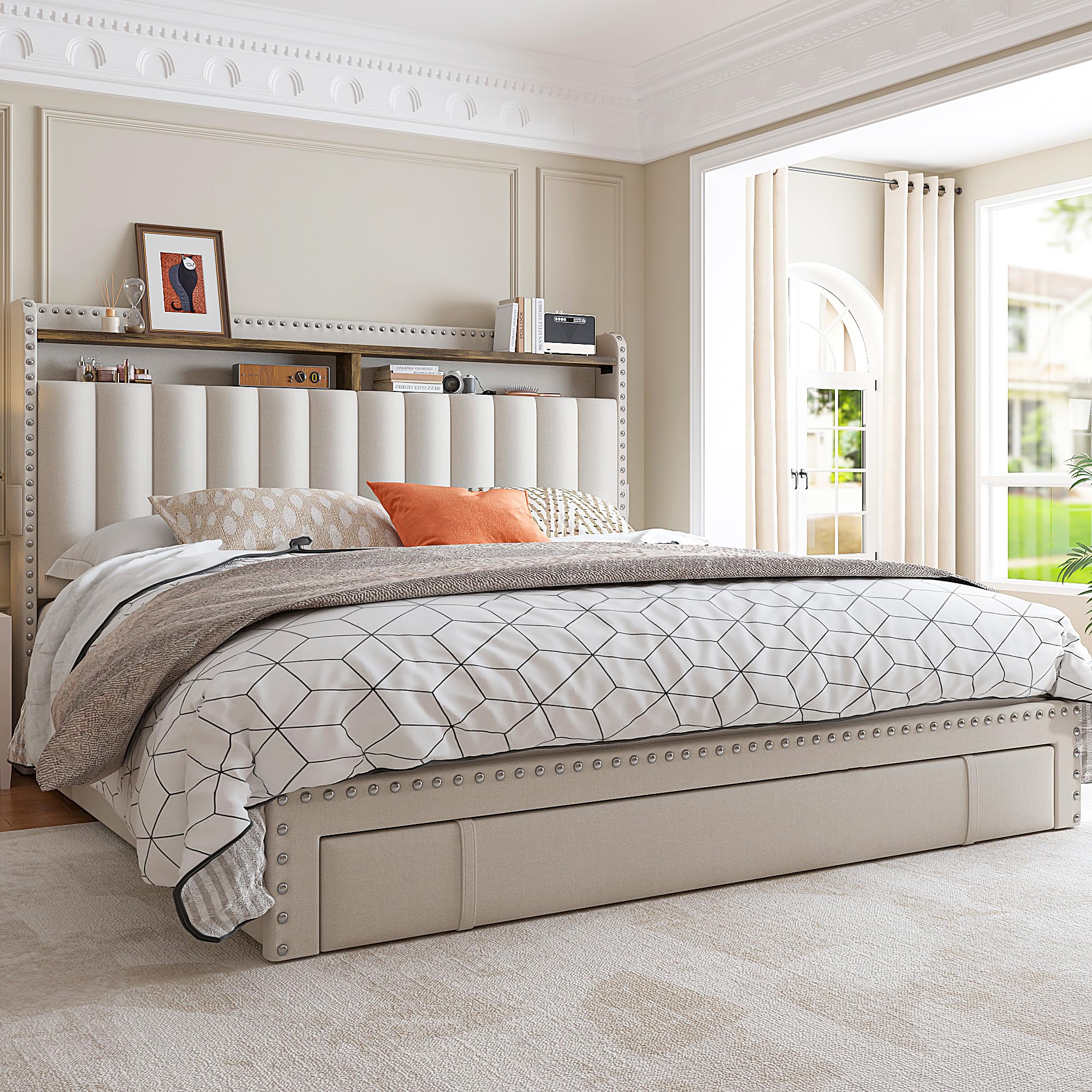 Queen Bed Frame with 3 Drawers,Upholstered Queen Size Bed Frame