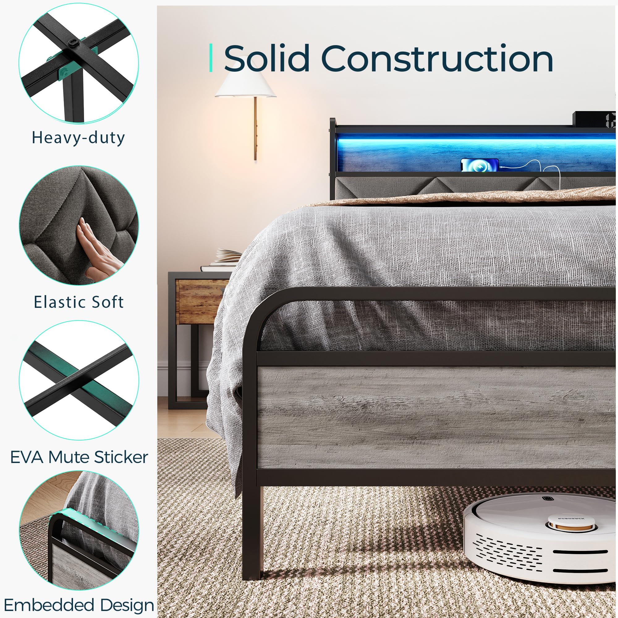 LINSY Full Bed Frame with Storage Headboard, Upholstered Platform Frame with LED and Charging Station, Metal Full Size Bed Frames, No Box Spring Needed, Easy Assembly, Rustic Grey