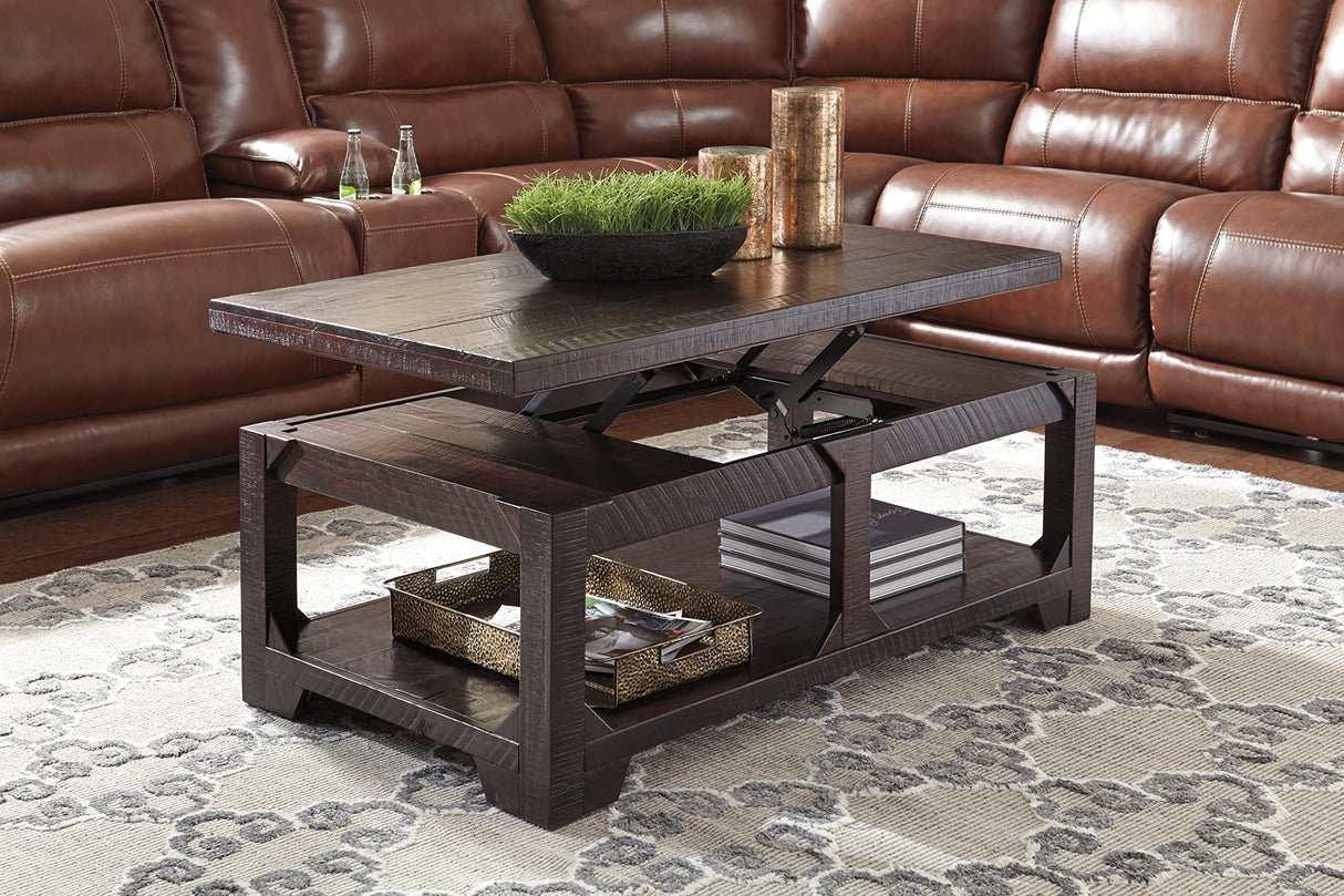 Rogness Rustic Rectangular Lift Top Coffee Table, Distressed Dark Brown