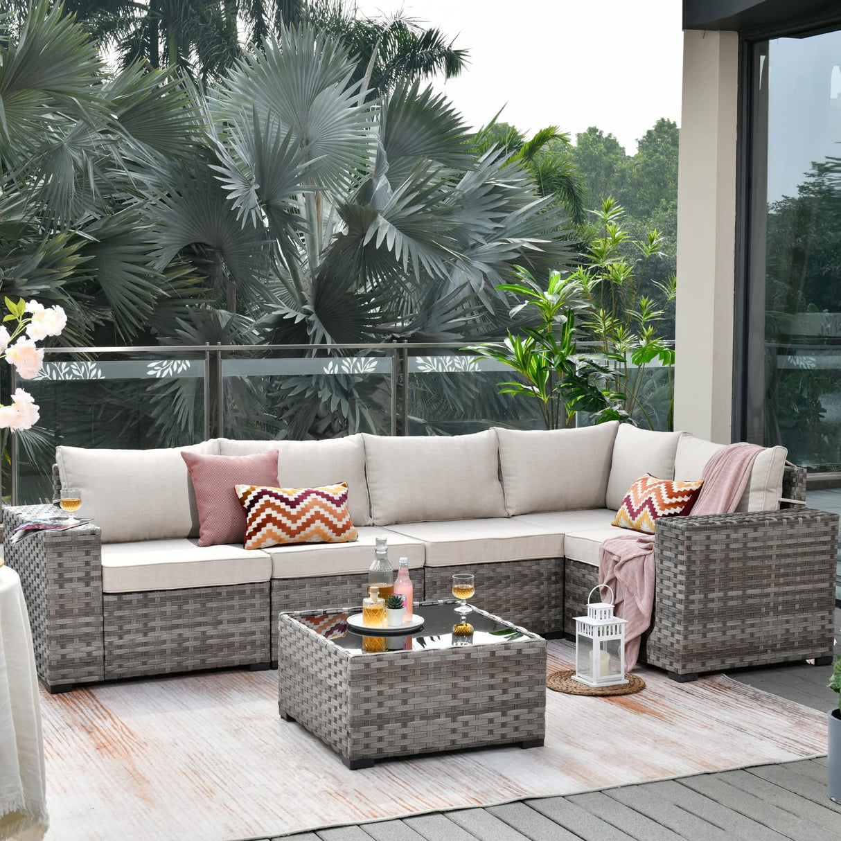 Patio Furniture Set 6 Pieces Outdoor Sectional Sofa Set with Widened Armrest and Deep Seat