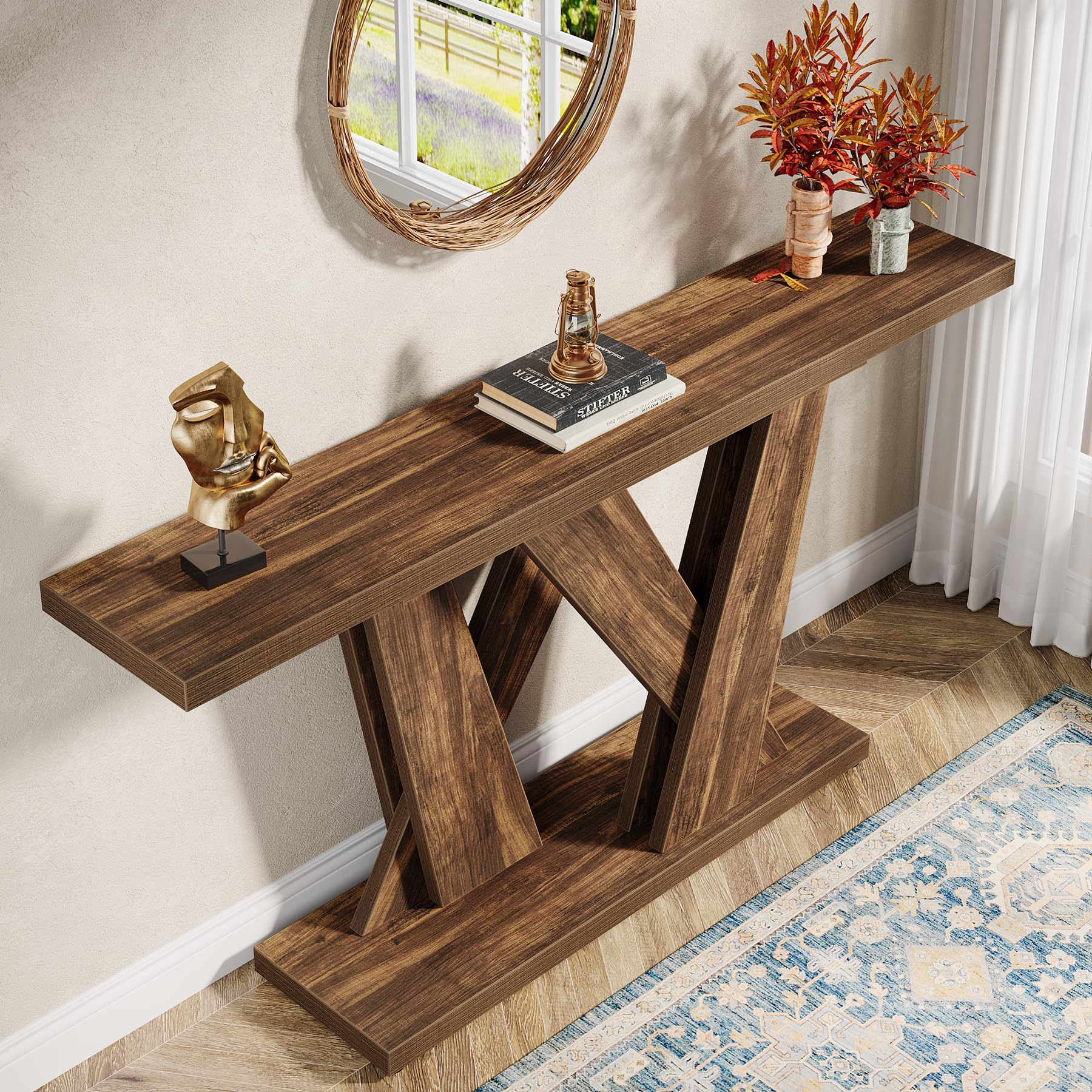 55-Inch Farmhouse Console Table with Geometric Base - Rustic Brown