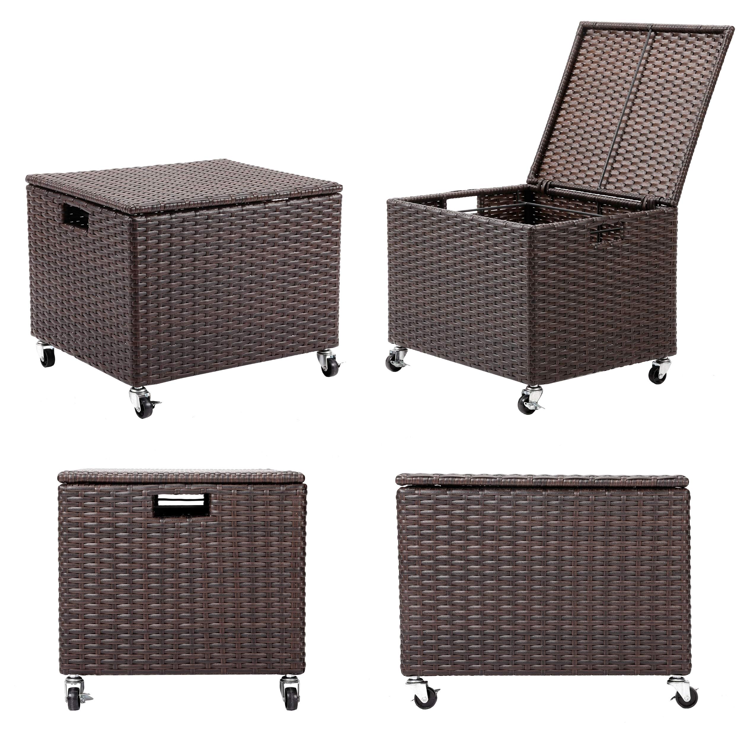 Rolling File Box - Storage Cabinet with Wheels - Weatherproof Rattan-Style Resin Deck Chest