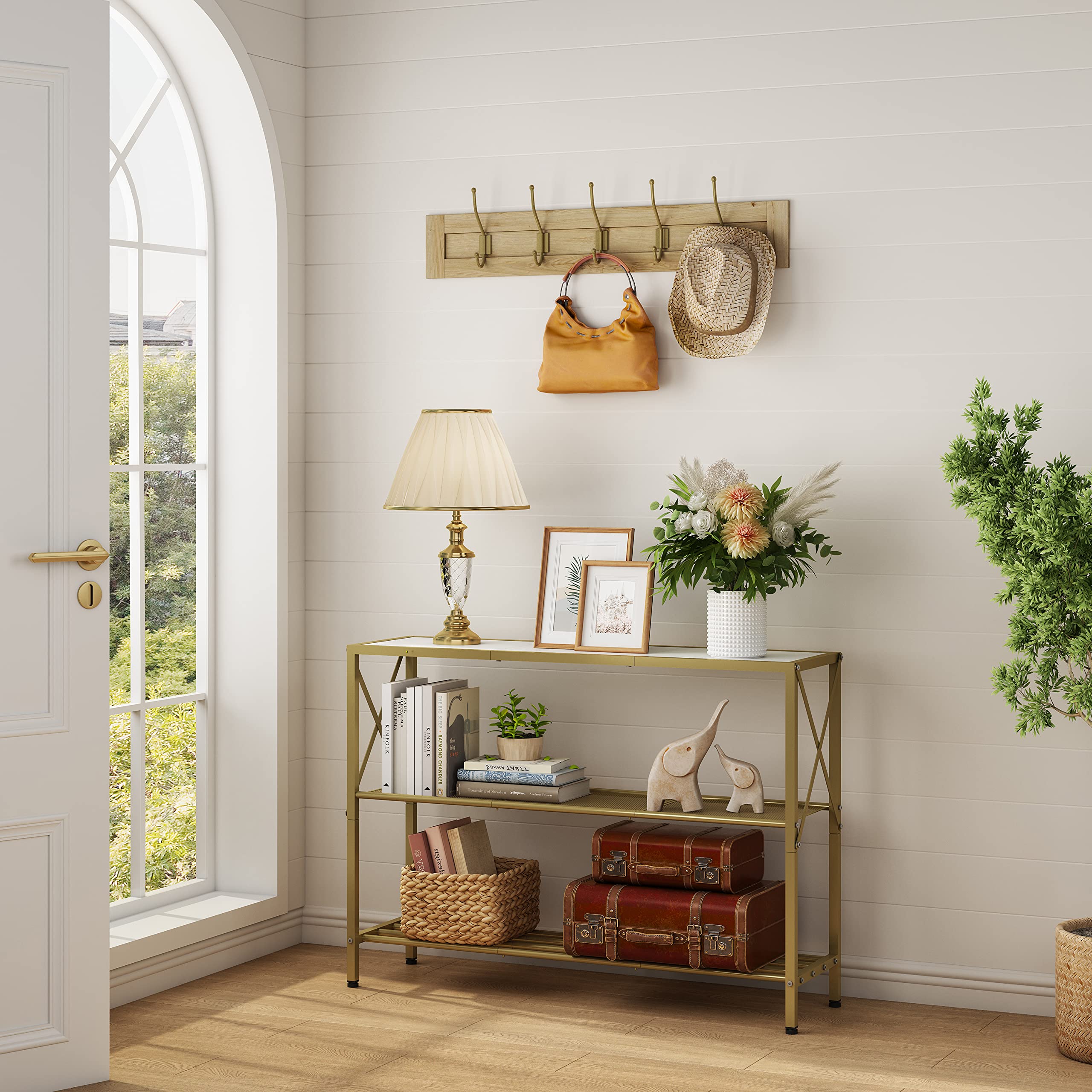 Gold Console Table, 3 Tier Entryway Table, Hallway Table, Narrow Sofa Table with Shelves