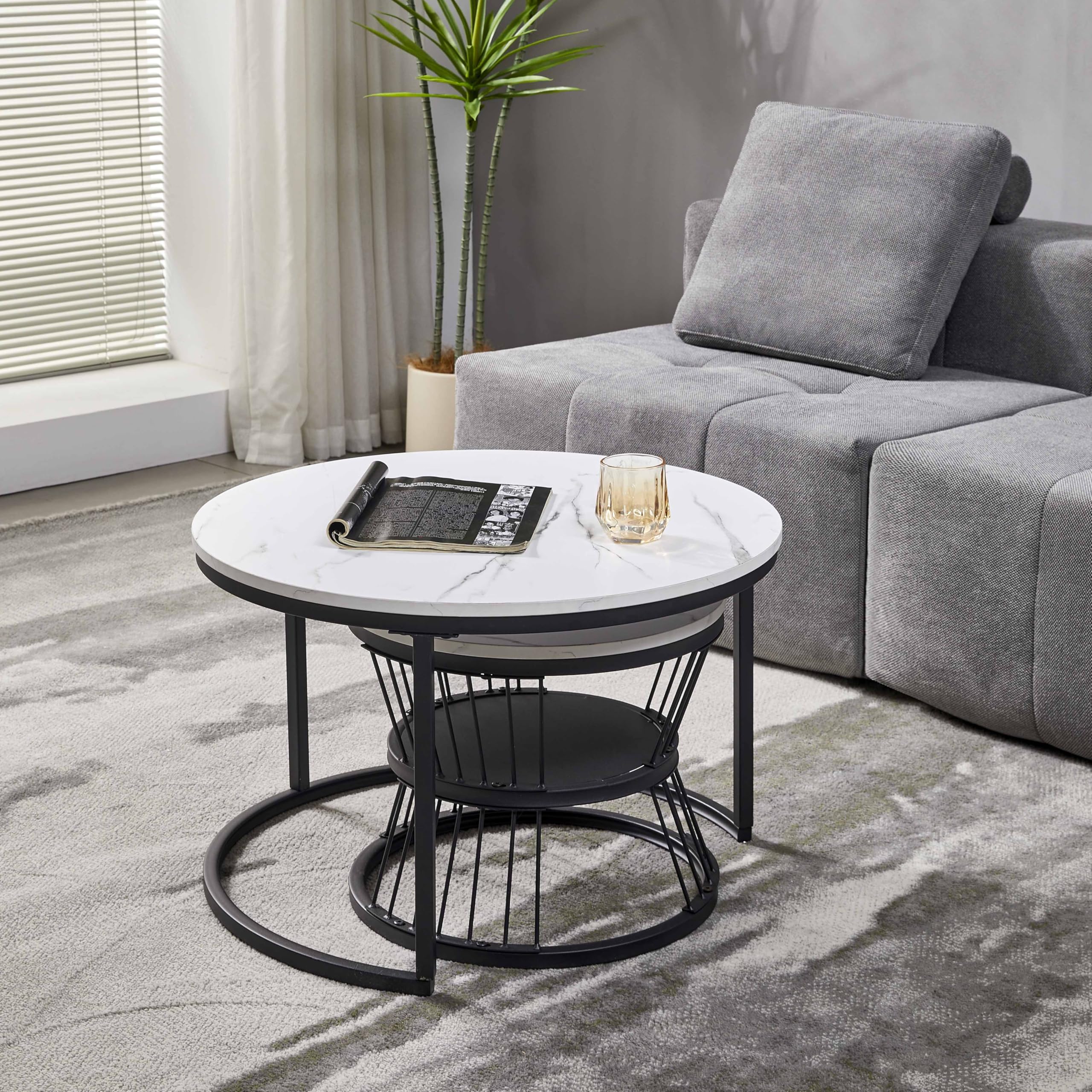 Nesting Coffee Table Black Set of 2, 27.5" Round Coffee Tables Living Room