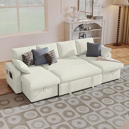 4-in-1 Sofa Bed, U Shaped Sleeper Sofa with Pull Out Bed and Double Storage