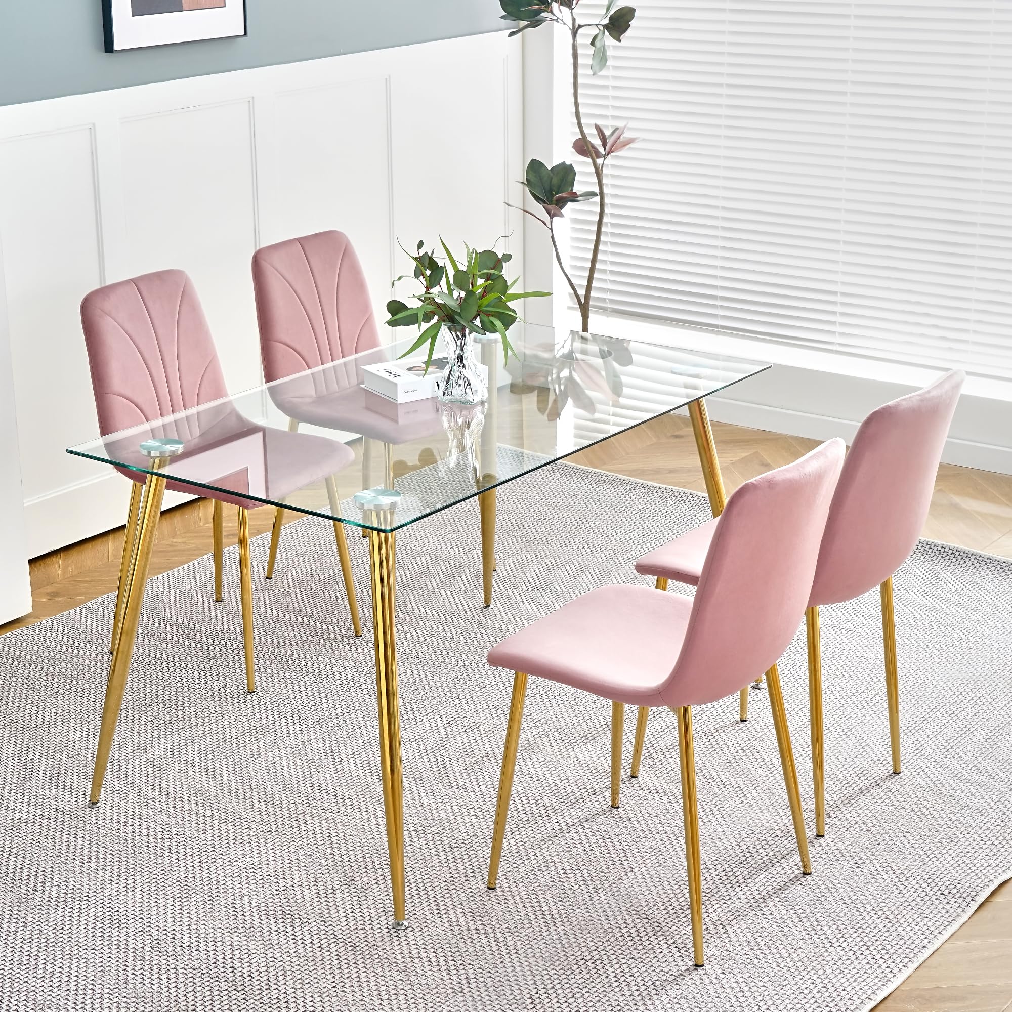 HAIZAO Dining Chairs Set of 4, Modern Kitchen Dining Room Chairs, Velvet Dining Chair Upholstered Cushion Seat and Sturdy Metal Legs, Pink