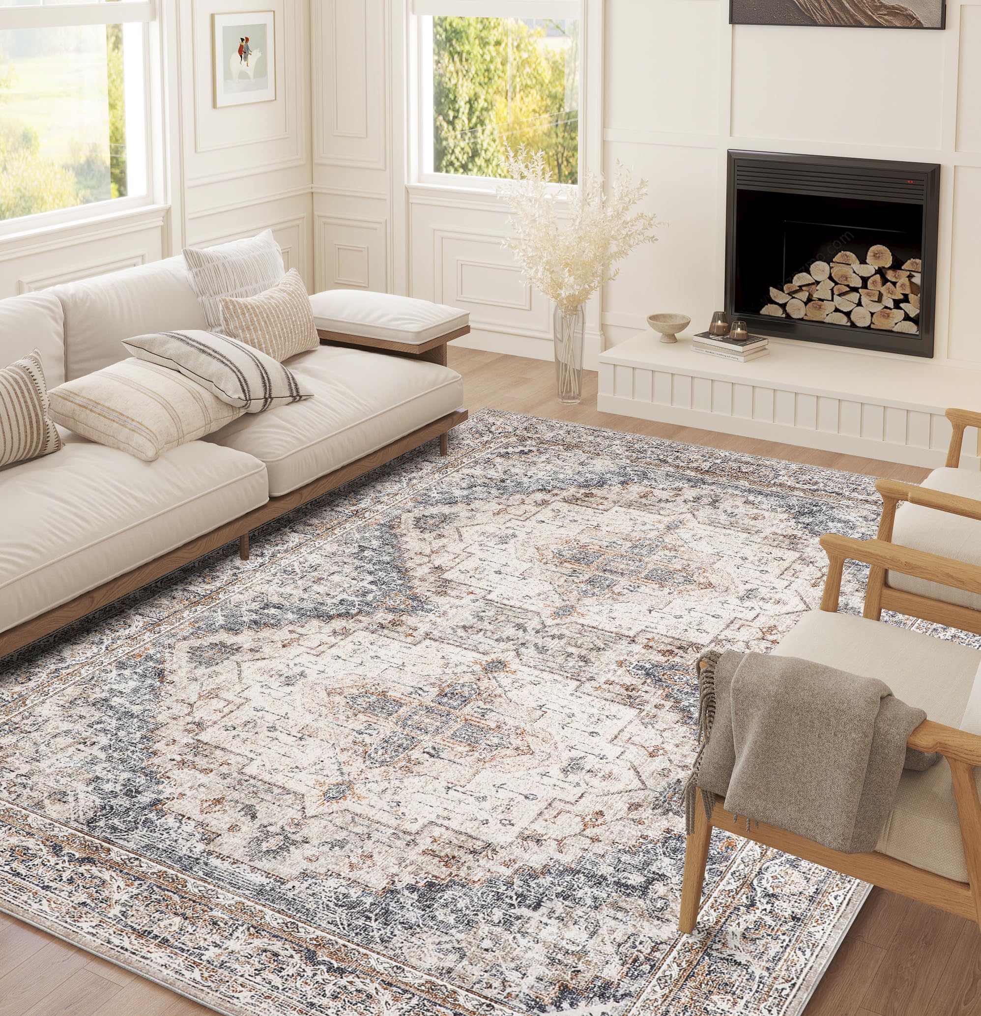 PureCozy Brown Area Rug 5x7 Living Room Rug Washable Indoor Accent Rug Vintage Low Pile Carpet Retro Distressed Throw Rug Bedroom Office Dining Room Kitchen Laundry Room