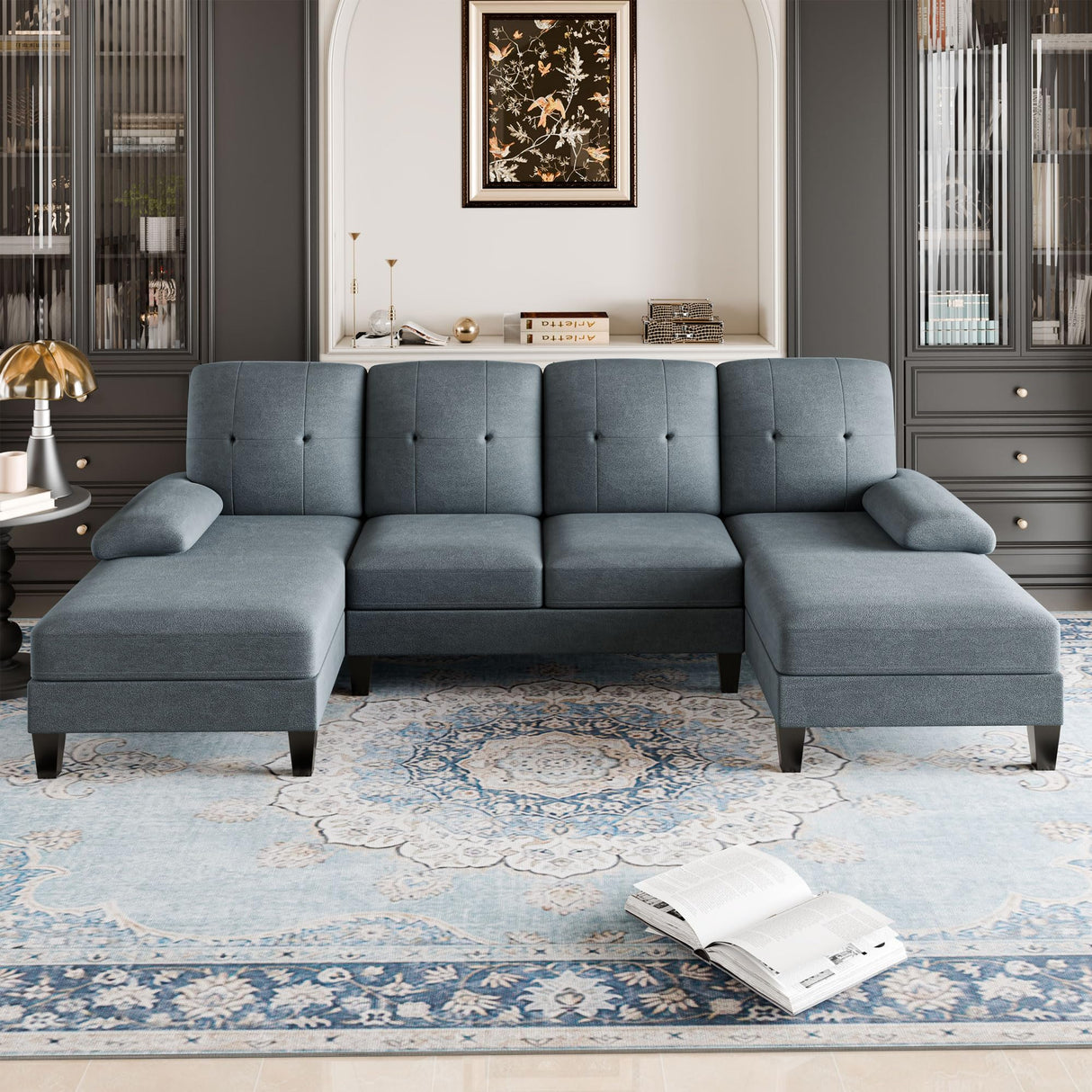 Sectional Sofa Couch, U-Shaped Sofa Couch with Double Chaise, 4-Seat Sleeper Sofa