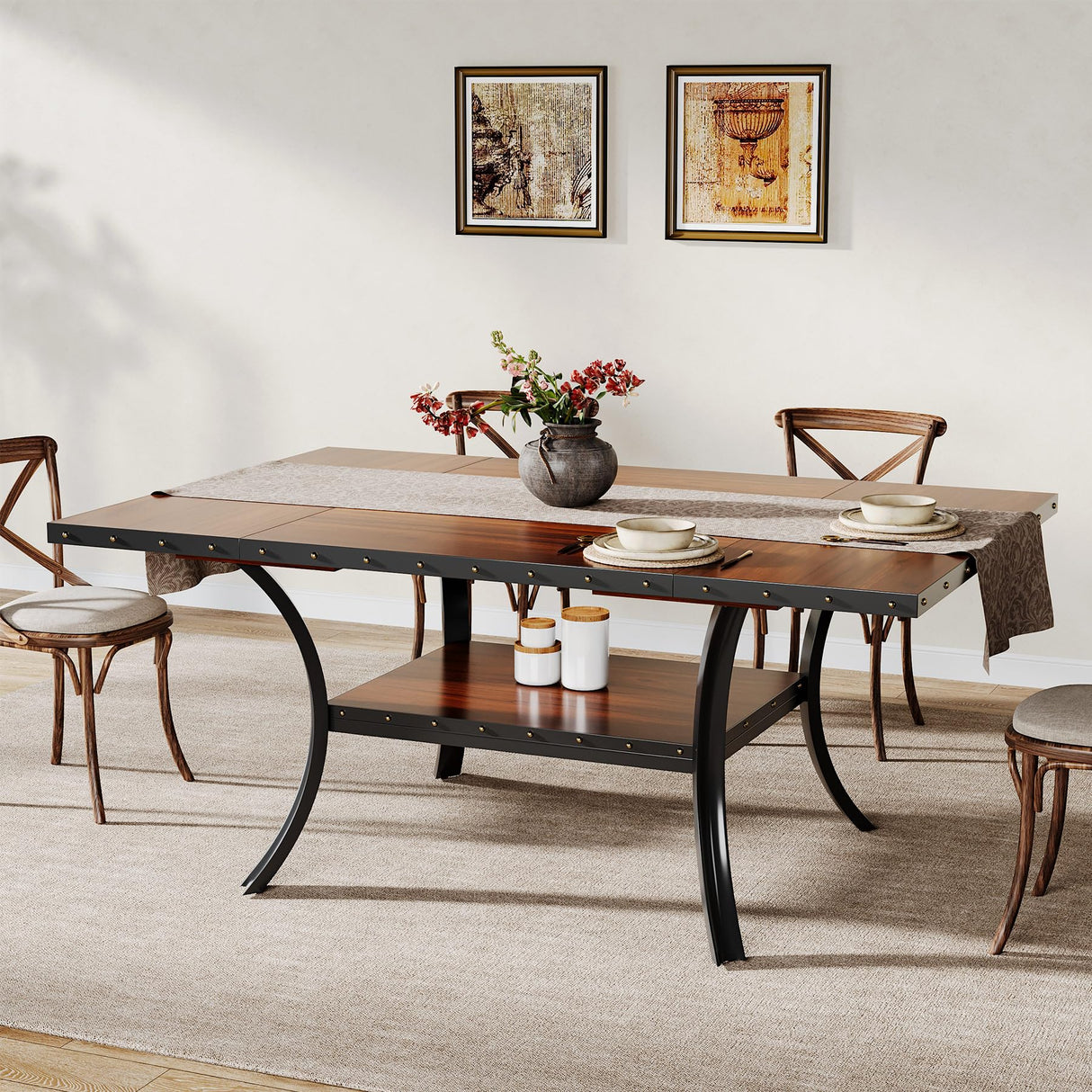 Dining Table for 4-6, Brown 62" Rectangular Kitchen Table, 2 Tiers Large Dinner Table