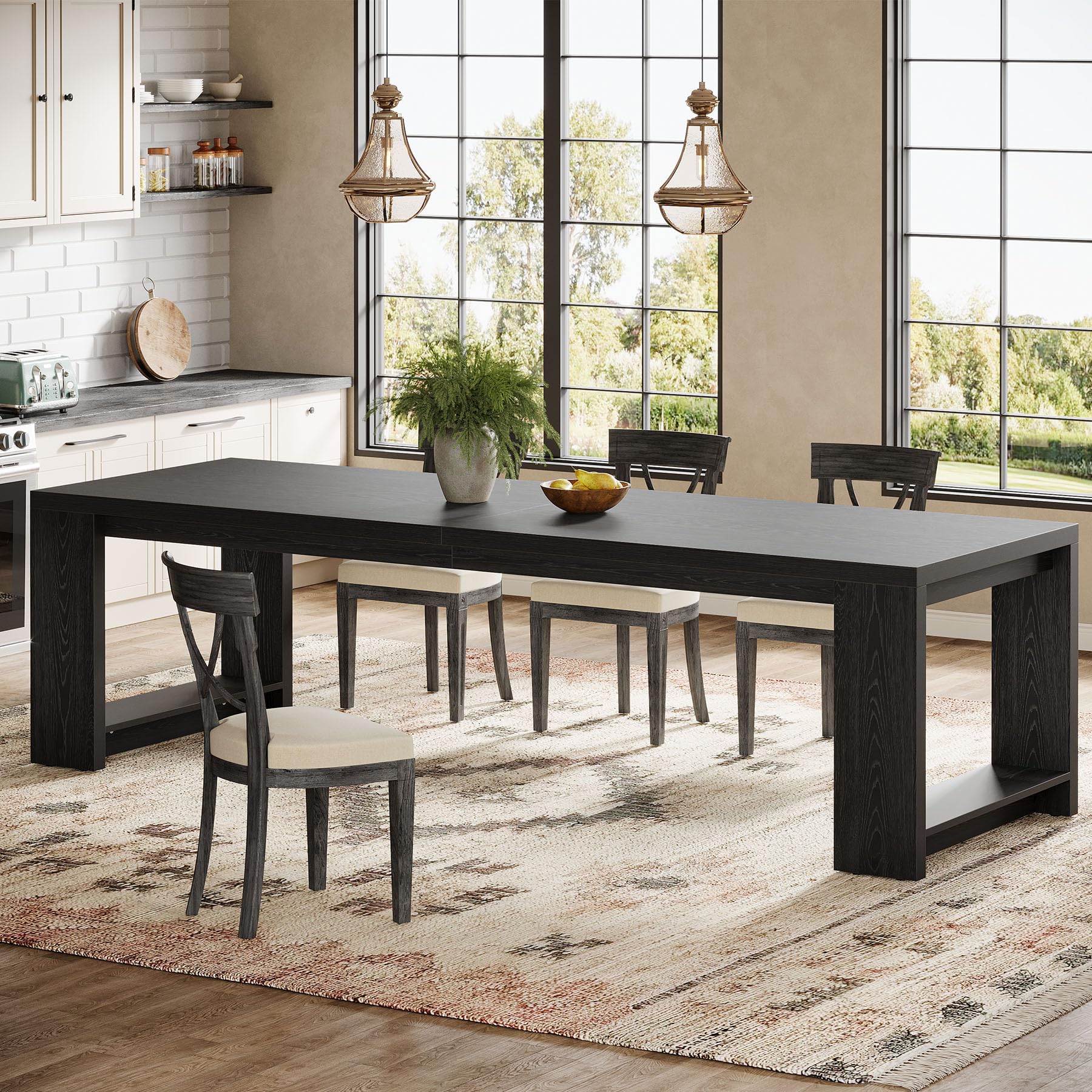 86.61-Inch Dining Table for 6-8 People - Modern Farmhouse Rectangular Kitchen Table with Pedestal Base
