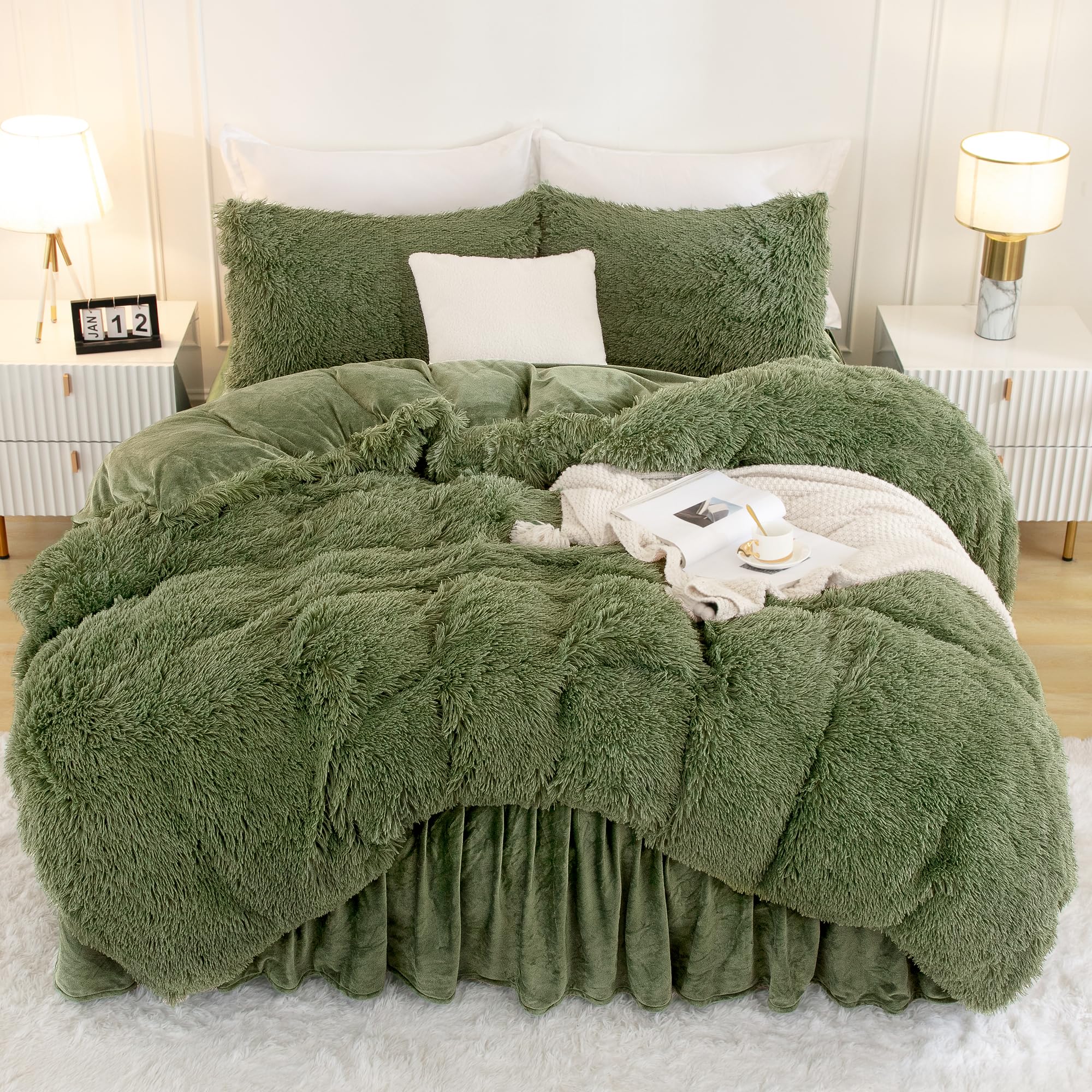 Faux Fur Sage Green Comforter Set King Size