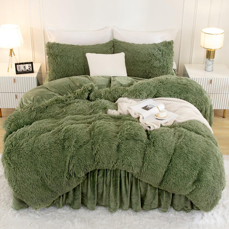 Faux Fur Sage Green Comforter Set King Size, 3 Pieces Fluffy Fuzzy Plush Bedding