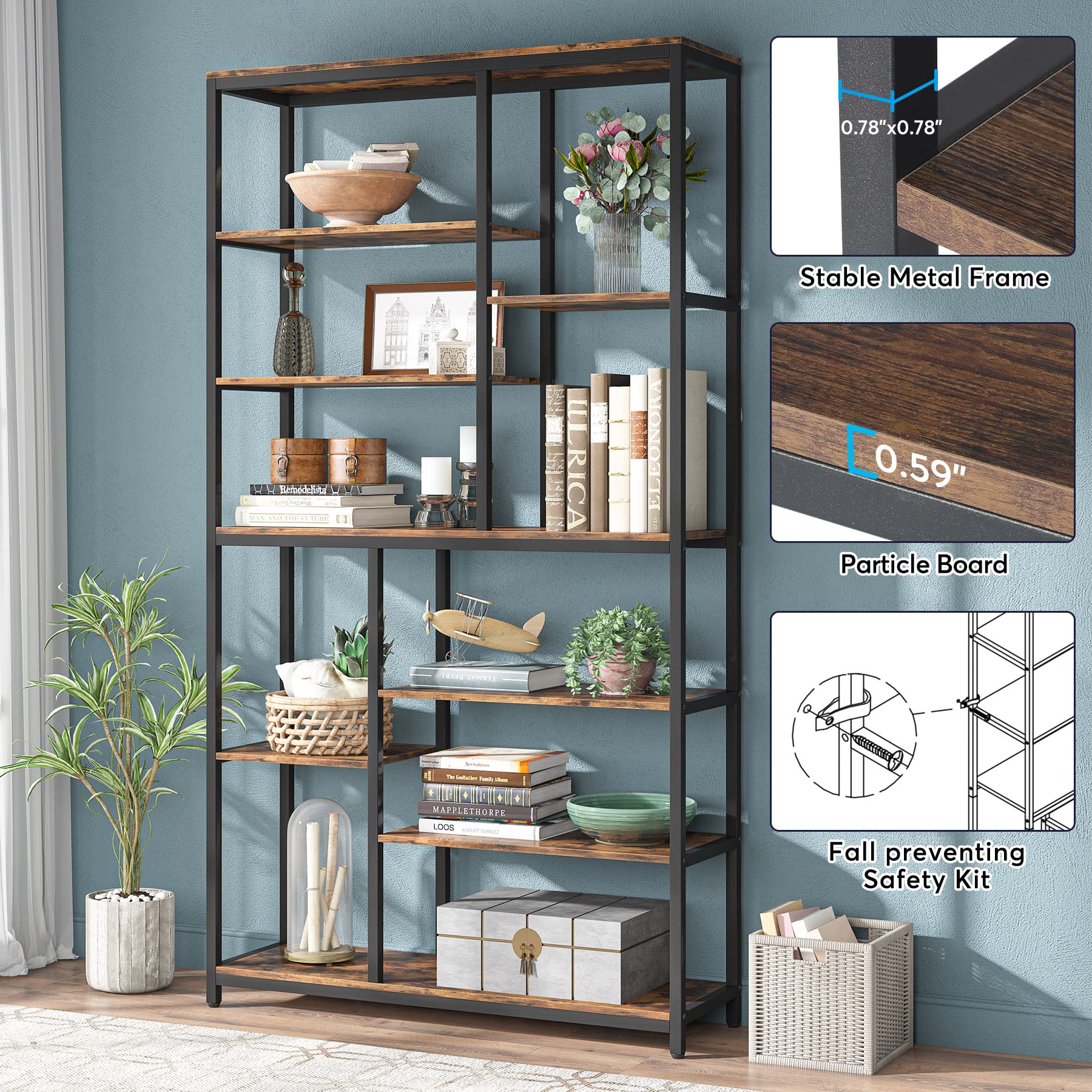 79 inches Tall Bookshelf Bookcase, 8-Tier Staggered Bookcase, Modern Freestanding