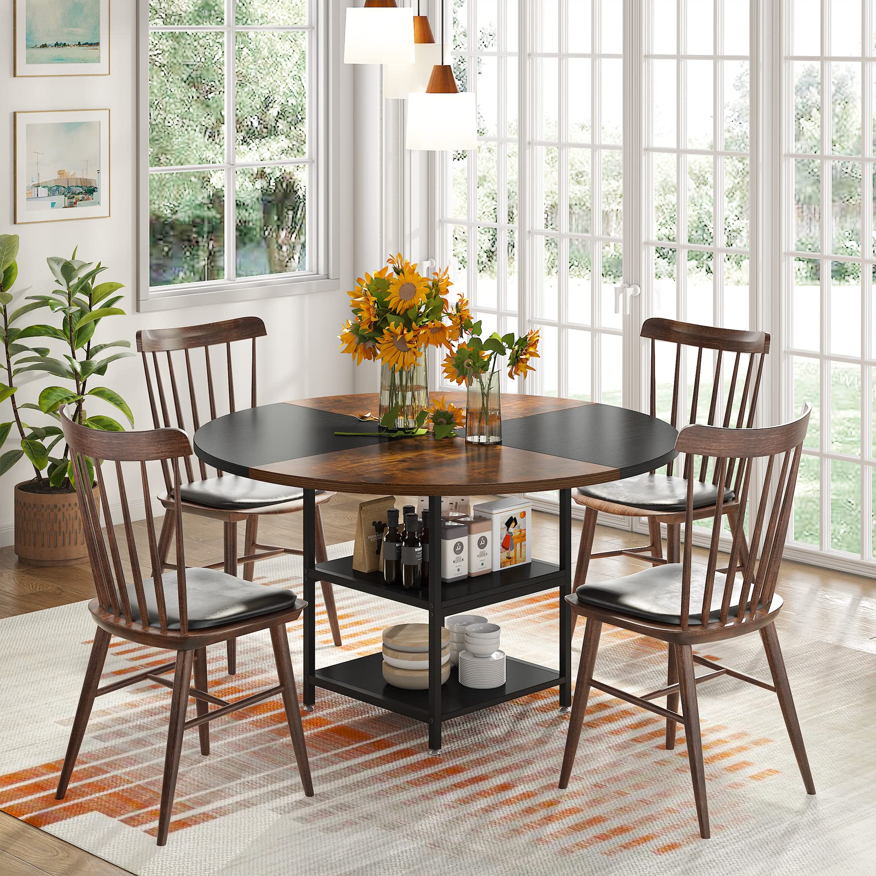 47 inch Round Dining Table for 4, Wood Kitchen Table Large Dinner