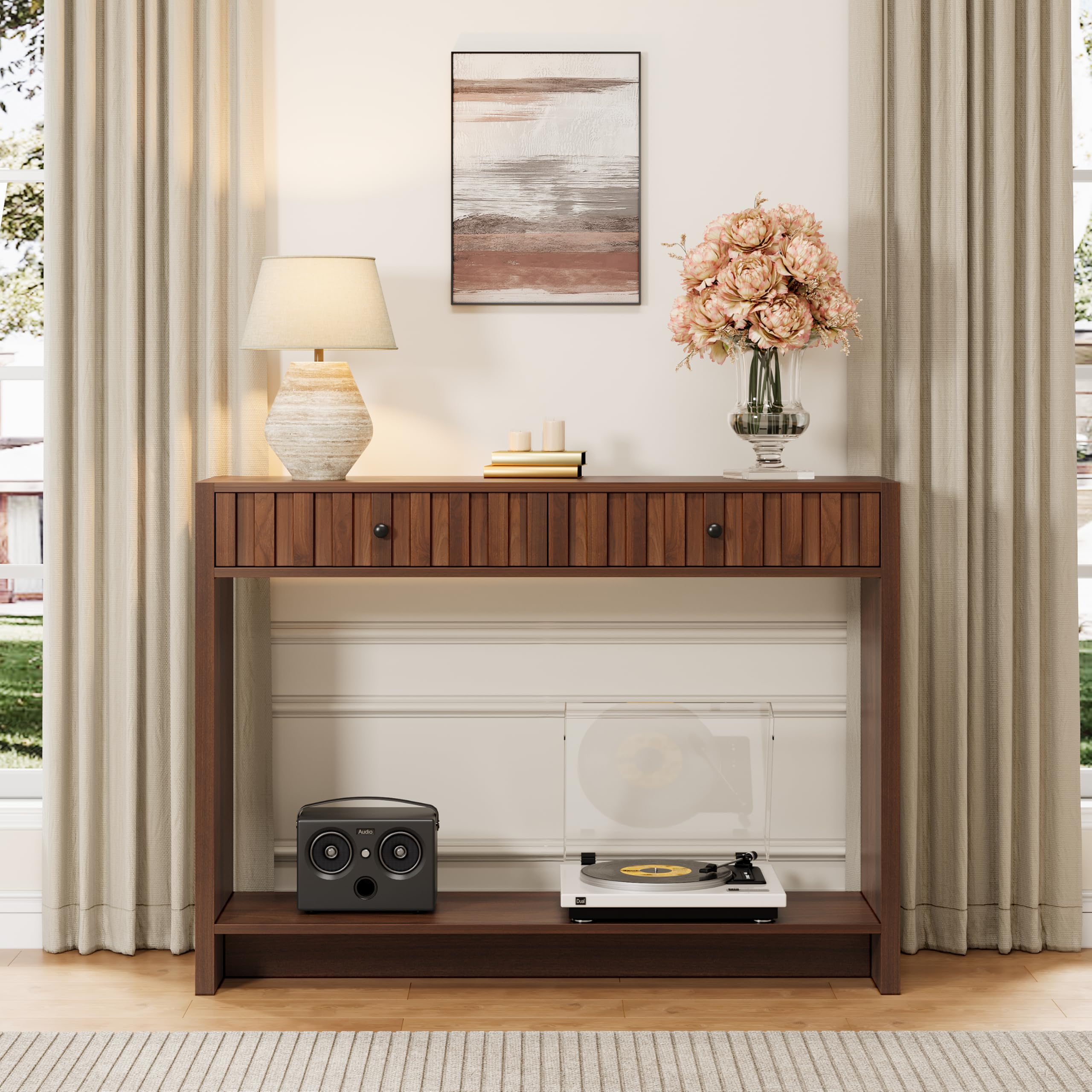 Entryway Console Table with Fluted Drawers, Mid Century Entryway Table