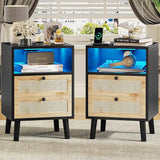 Rattan Nightstands Set of 2 with LED Lights, Night Stand with Charging Station and Storage