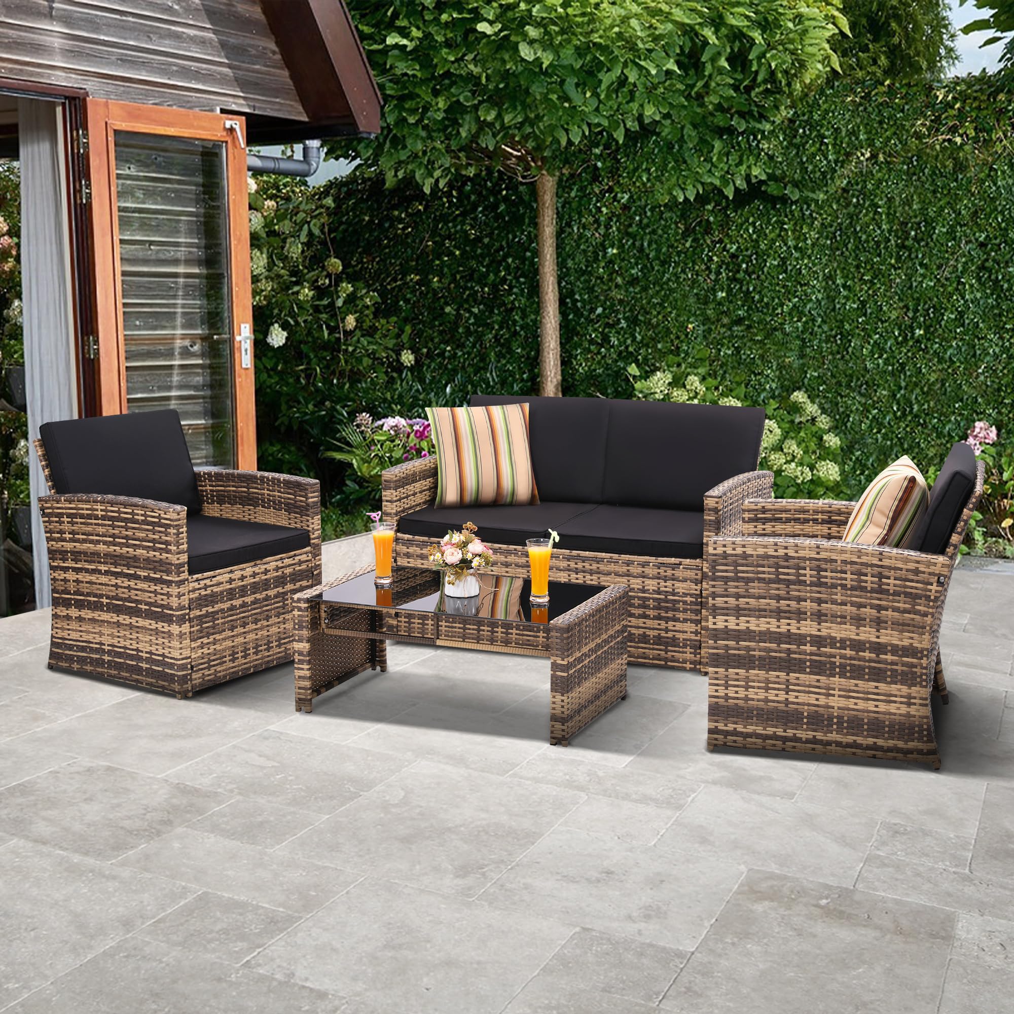 4 Pieces Patio Conversation Set, Outside Rattan Sectional Sofa, Cushioned Furniture Set